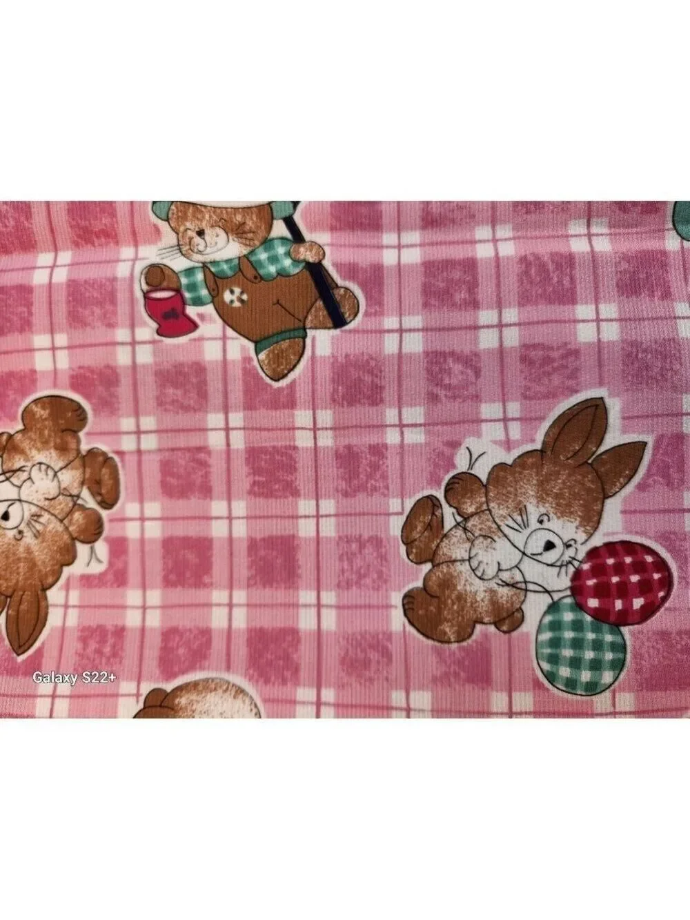 Vintage Pink Bunny Fabric Plaid Cotton Poly Children Novelty Fabric 1.75 Yards S